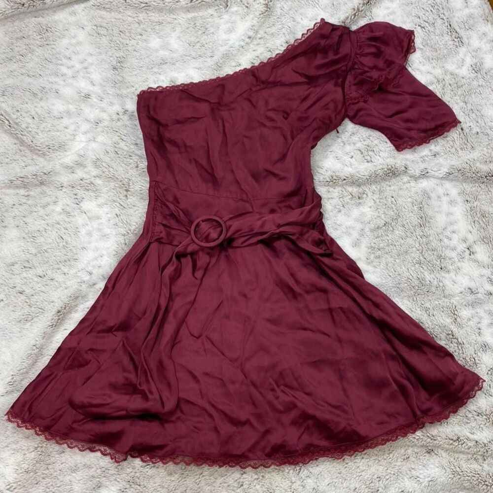 Tularosa Burgundy lace trim satin mini dress flair skirt ruffle romantic cherry